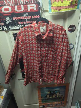 Streak Hawk Men's Cotton Button RED Circle Print Short Sleeve Shirt XL Boho